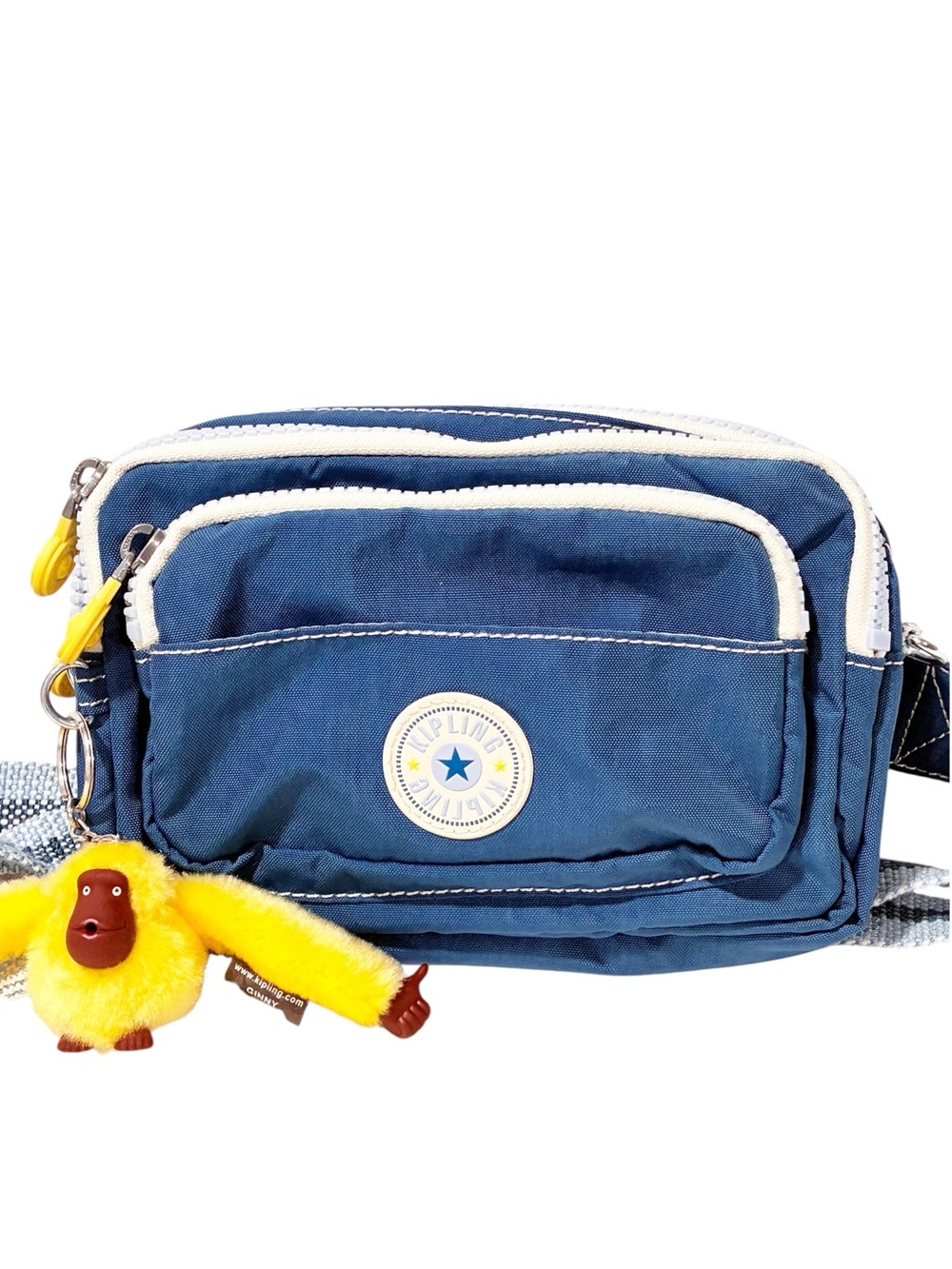 Kipling Blue Nylon Multi Zip Yellow Monkey Sling Bag